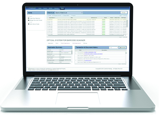 Laptop computer showing a representation of Cardinals Invention PAIR Alerts platform.