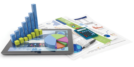 graphics, calculator, pen, tablet and financial documents Image